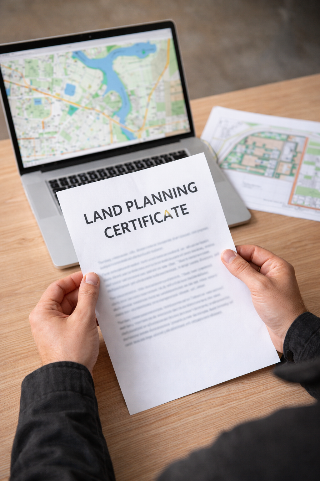 A consultant reviews a planning certificate with council mapping and a site plan, illustrating how planning system triggers can require contaminated land assessment in the Central Coast.