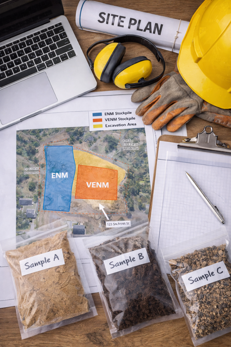 Environmental due diligence NSW process showing site plans, soil samples, and compliance documents